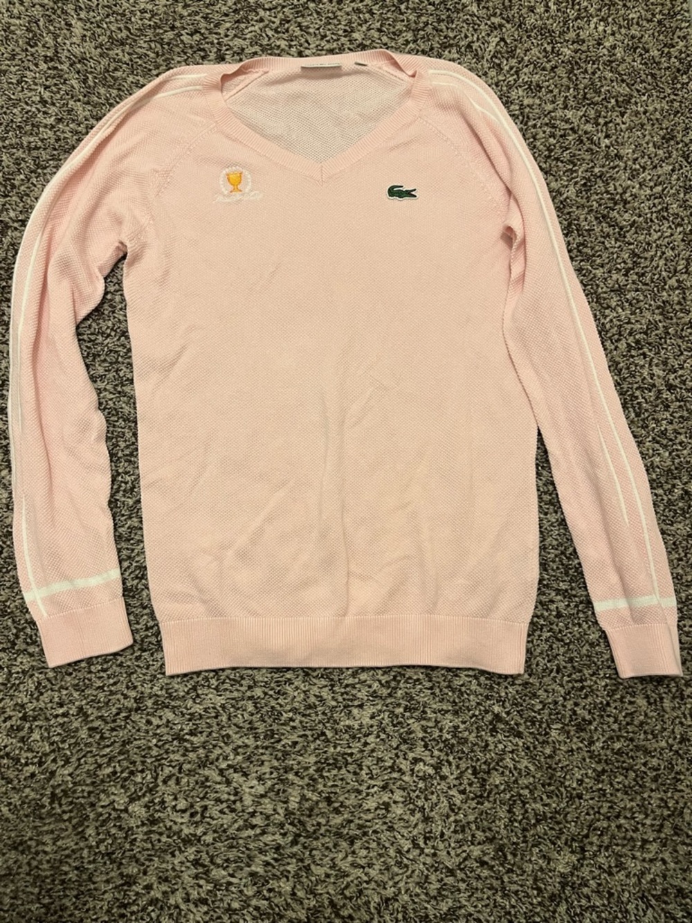 Lacoste Presidents Cup Men’s Pale Pink V-Neck Sweater with Stripe Detail